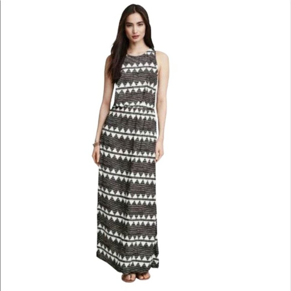H&M NEW Print Maxi Boho Dress Sleeveless Elastic Waist Back Slit Black White 12